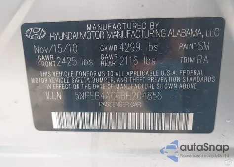 2011 Hyundai Sonata Gls из США, поврежденный, VIN 5NPEB4AC6BH204856